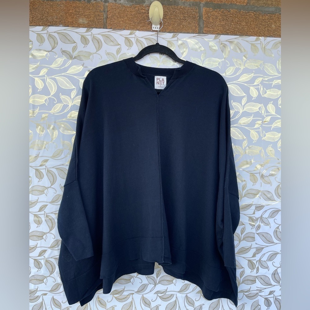 Planet by Lauren G Navy Pima Cotton Boxy Poncho Sweater | Lagenlook One Size
